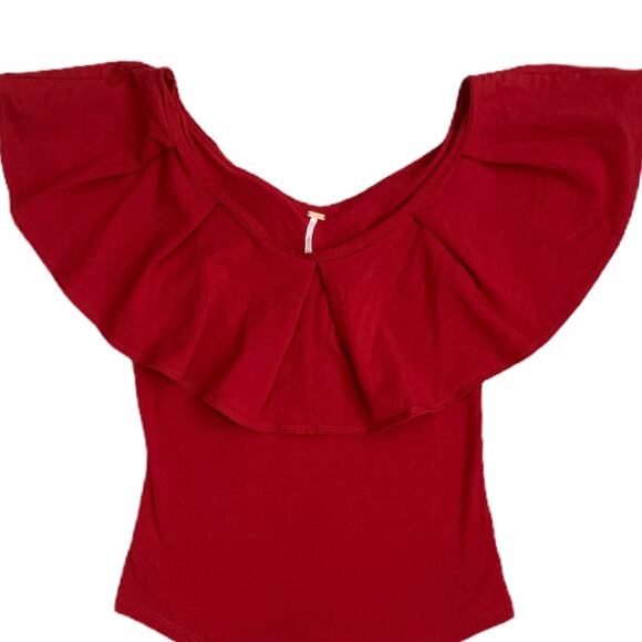 FREE PEOPLE NWOT Ruffle Sleeve Cherry Red Shirt Top Blouse – Small - Picture 7 of 11